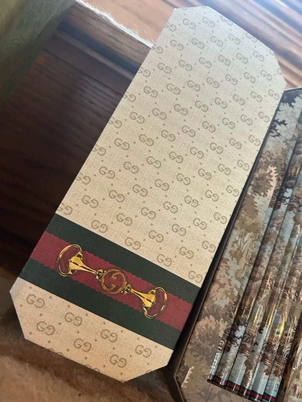 Gucci Green Box with Patterned Pencil Tin and Decorative Pencils